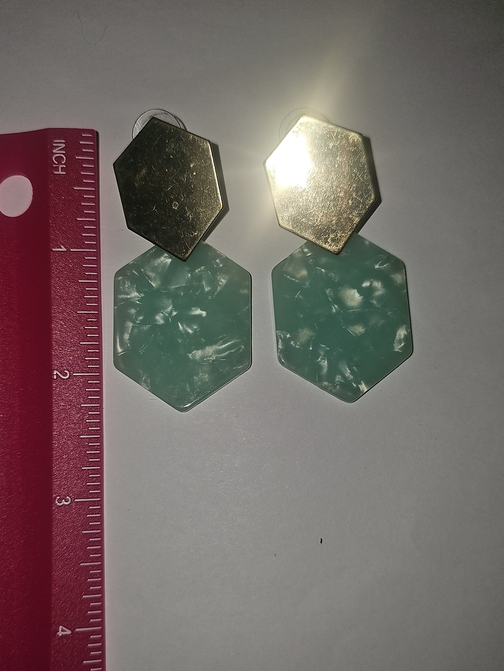 Gold and Mint Hexagon Drop Earrings - Women's Jewelry